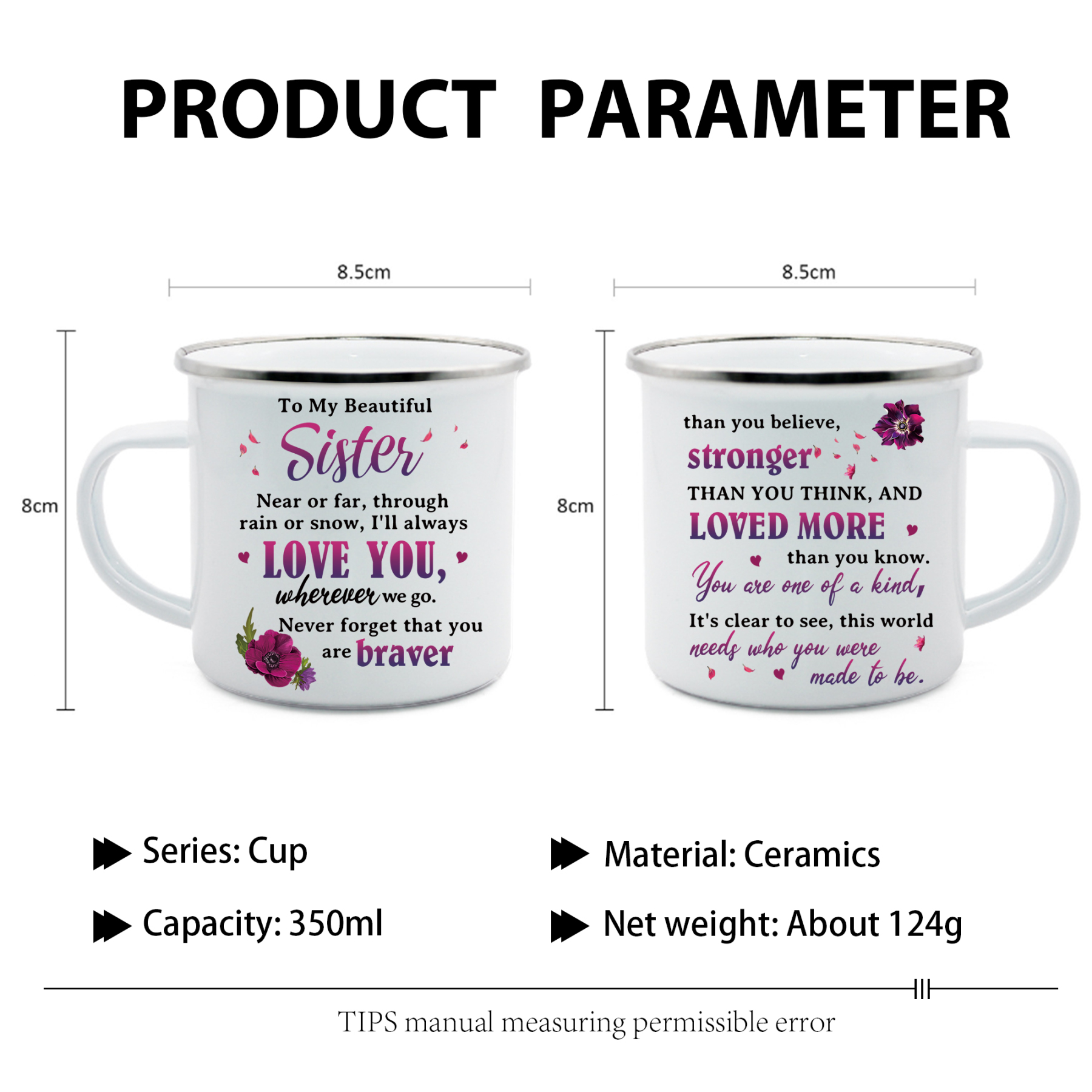 To My Beautiful Sister Mug Enamel Cup "Near Or Far, Through Rain Or Snow, I'll Always Love You" Gifts for Sisters/Friends-Jessemade AU