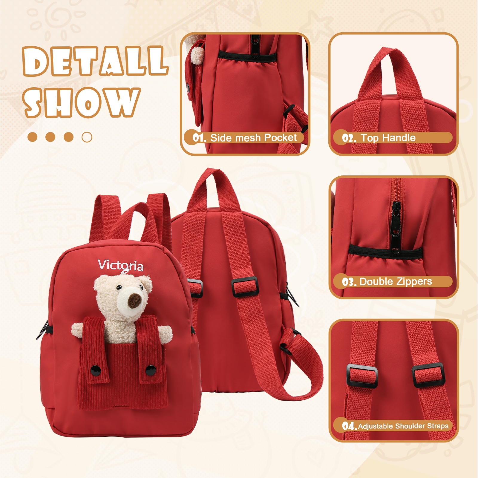 Personalised Bear School Bag Custom Name Canvas Backpack Back To School Gift for Kids-Jessemade AU