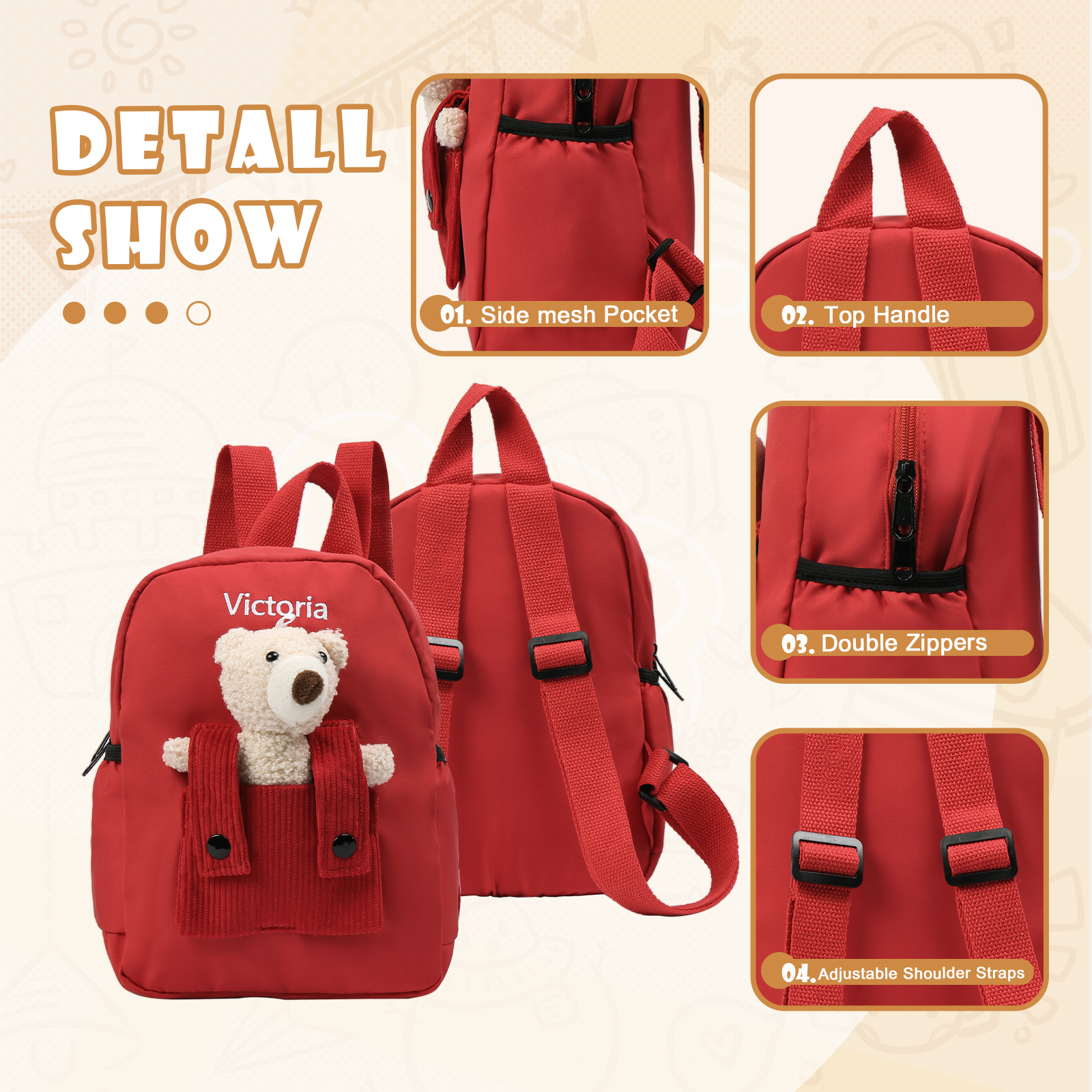 Personalised Bear School Bag Custom Name Canvas Backpack Back To School Gift for Kids-Jessemade AU