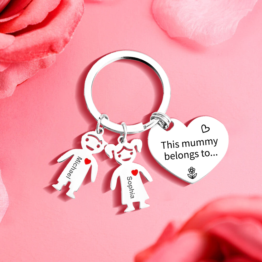 Personalised Heart Keychain With Engraved 2 Kid's Names Charms "This Mummy Belongs to" For Her Mother's Day Gifts for Mum -Jessemade AU