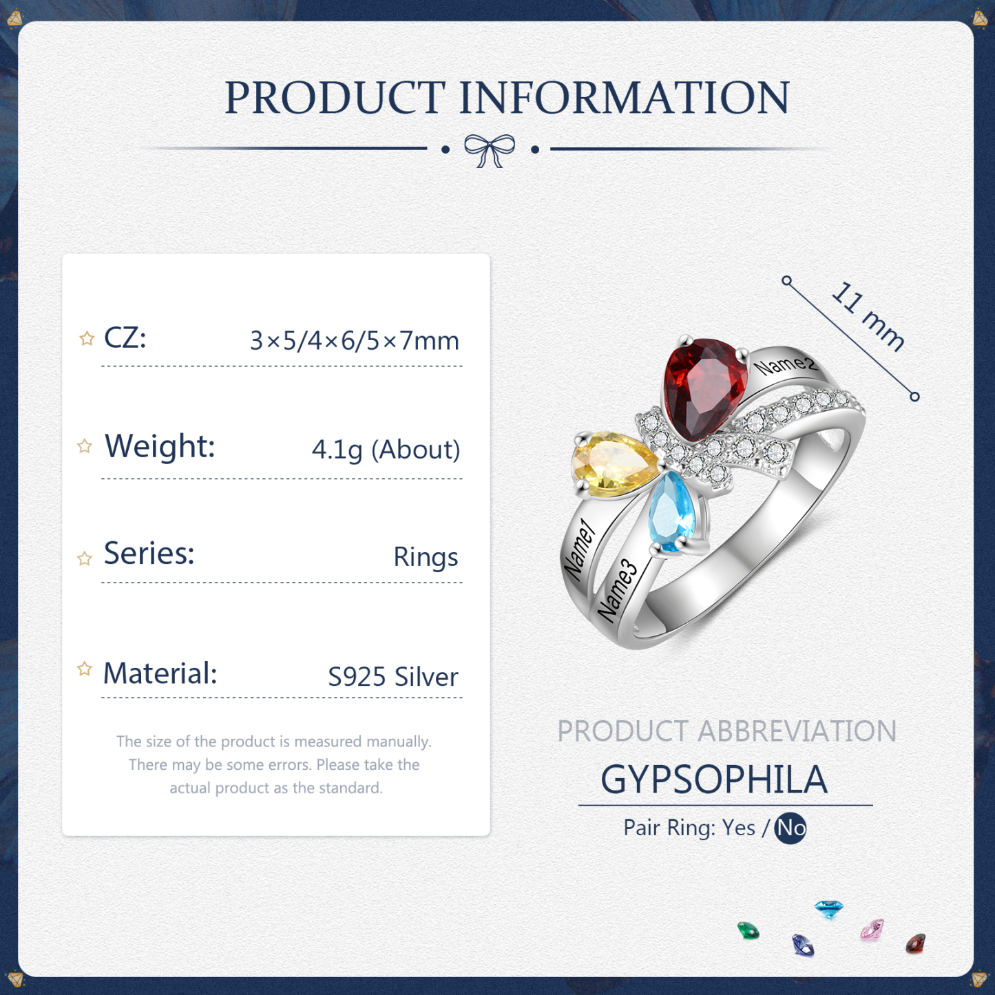 Personalised Butterfly Ring With 3 Birthstones Engraved Names Ring Gifts For Her-Jessemade AU