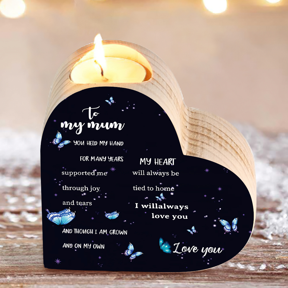 To My Mum - Wooden Heart Candle Holder Butterfly Candlesticks "My Heart Will Always Be Tied To Home" Gifts For Mother-Jessemade AU