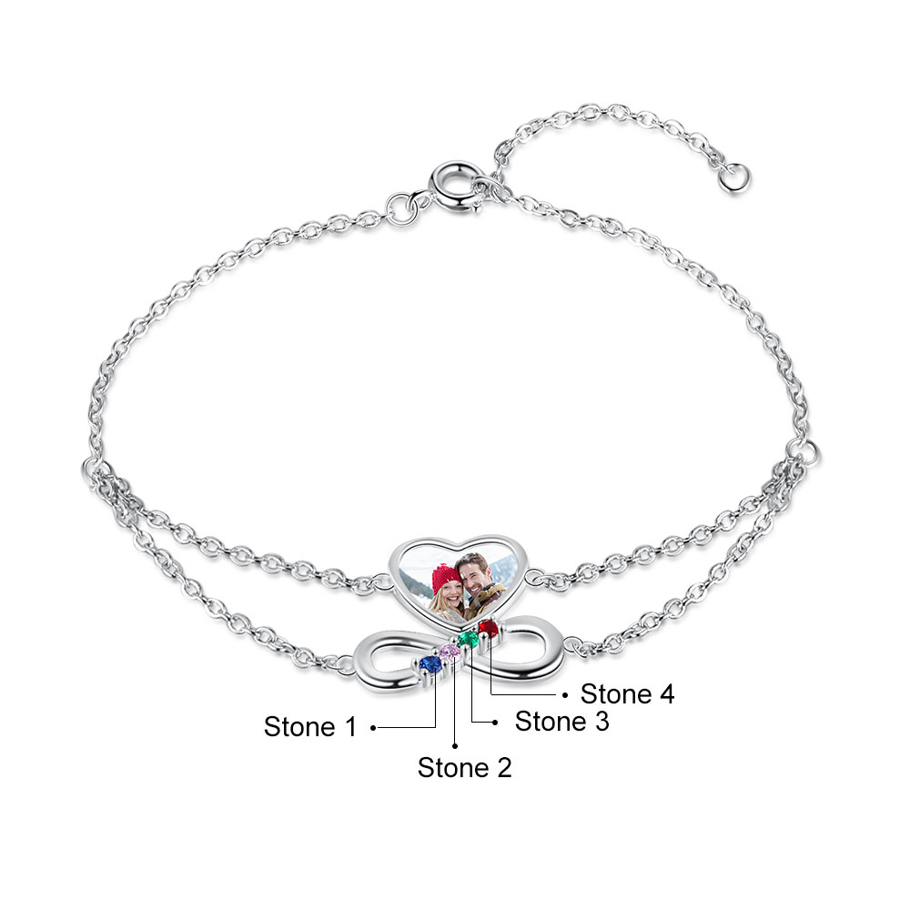 Personalised Heart Photo Bracelet With 4 Birthstones Custom Photo Bracelet Gifts For Her-Jessemade AU