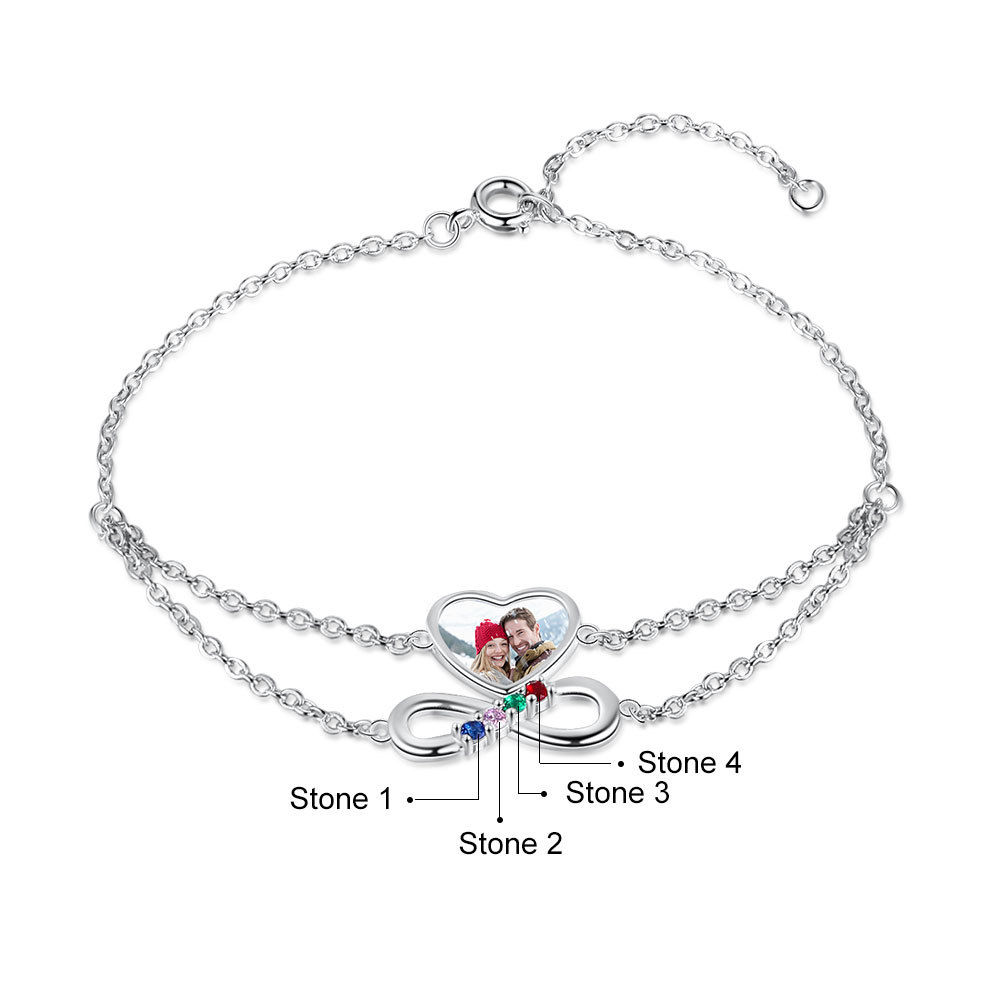 Personalised Heart Photo Bracelet With 4 Birthstones Custom Photo Bracelet Gifts For Her-Jessemade AU