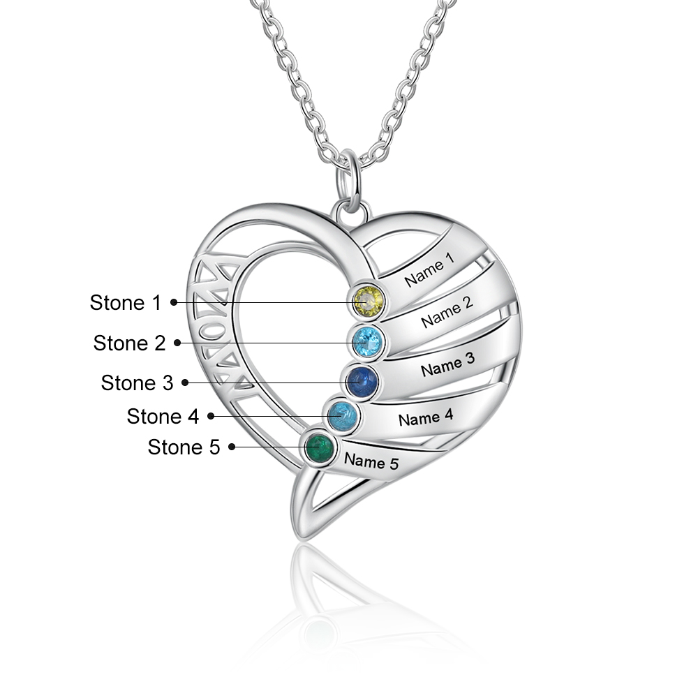 Personalised Heart Necklace With 5 Birthstones Engraved Names Gift For Mother-Jessemade AU