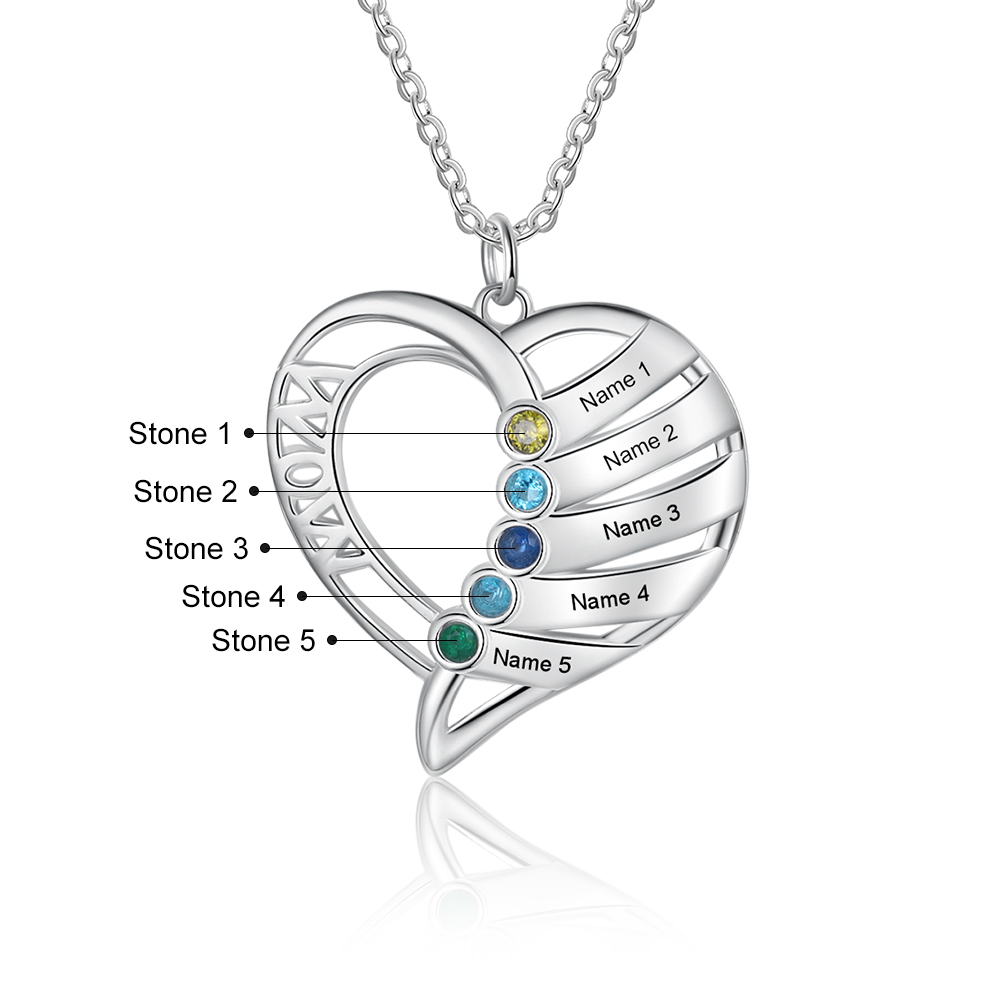 Personalised Heart Necklace With 5 Birthstones Engraved Names Gift For Mother-Jessemade AU