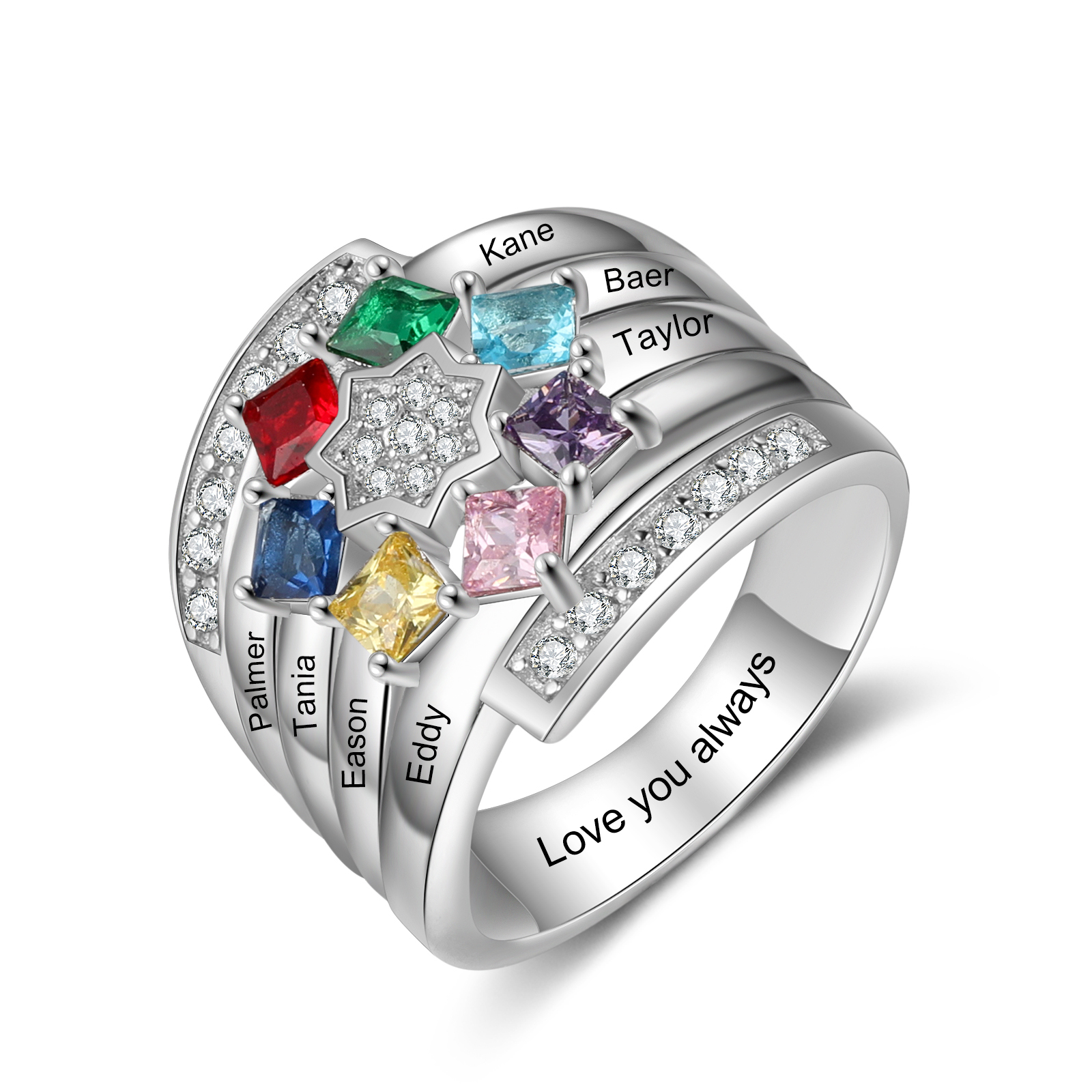 Personalised Mothers Ring With 7 Birthstones Engraved Names Ring Gift For Women-Jessemade AU