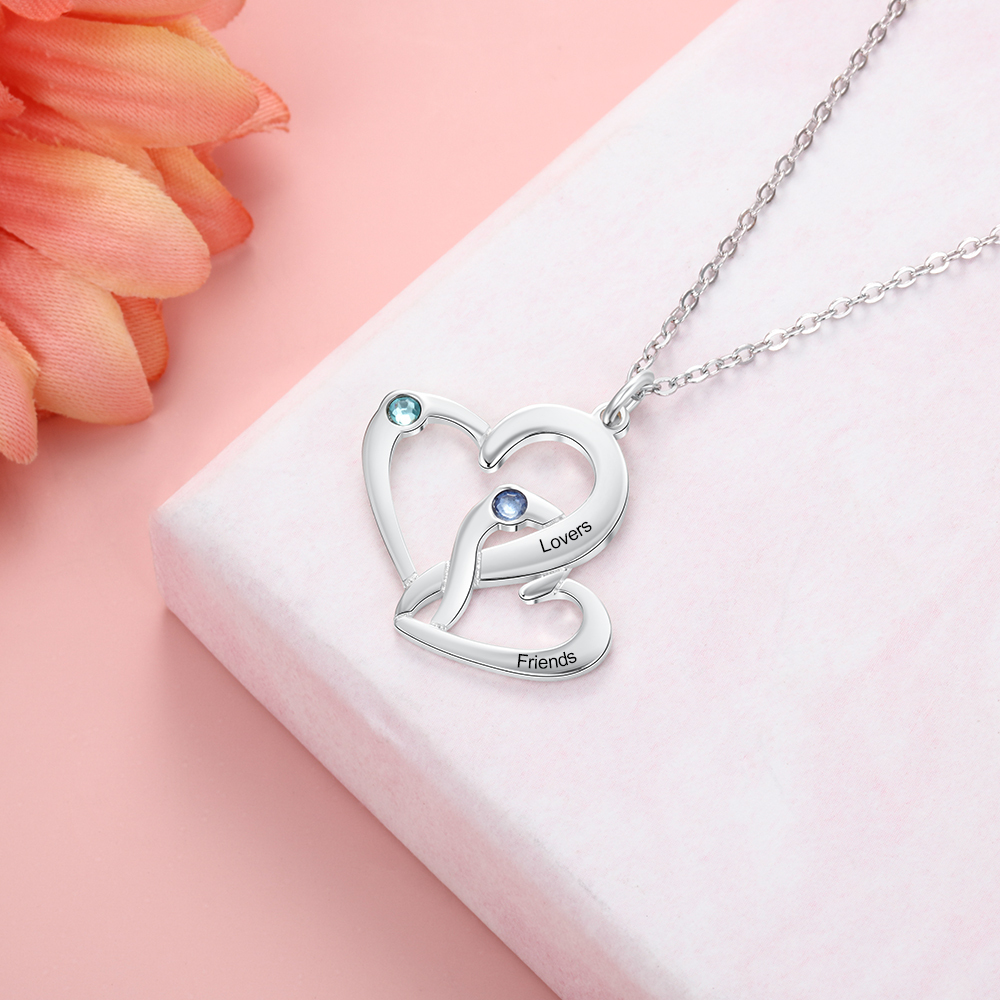 Personalised Heart Necklace With 2 Birthstones Engraved Names Gift For Her-Jessemade AU