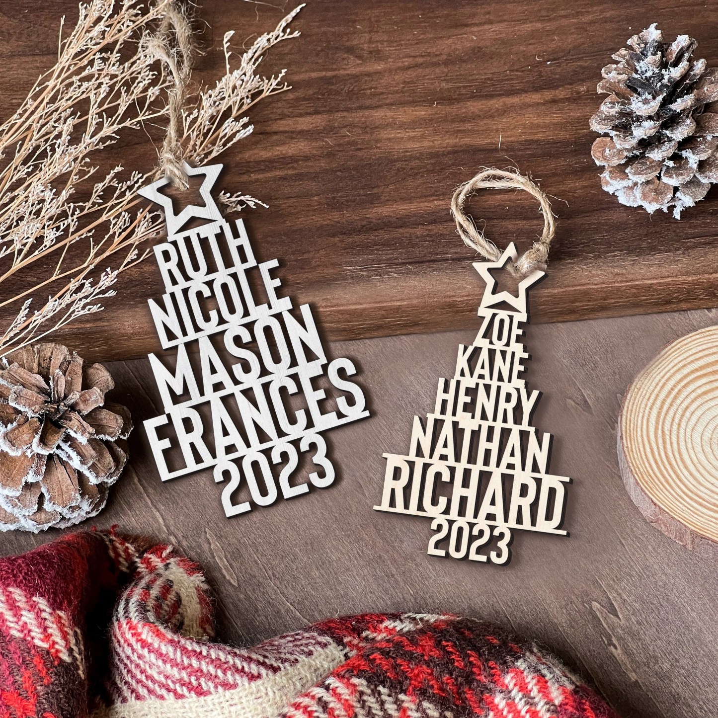 6 Names - Personalised Christmas Tree Ornaments Customised Name Xmas Wooden Decor Gifts for Family Friends-Jessemade AU