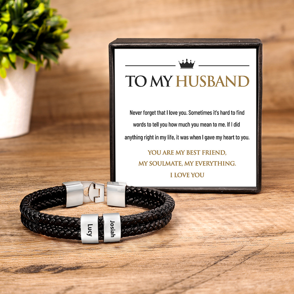 To My Husband Men's Leather Braided Bracelet Engraved 2 Names Bracelet Personalised Gift for Him-Jessemade AU