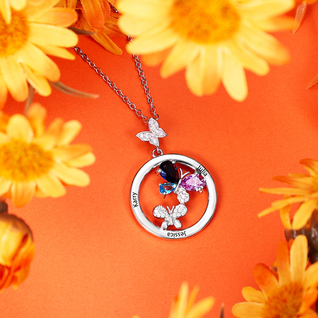 Personalised Butterfly Necklace With 4 Birthstones Custom Names Best Gift For Her-Jessemade AU
