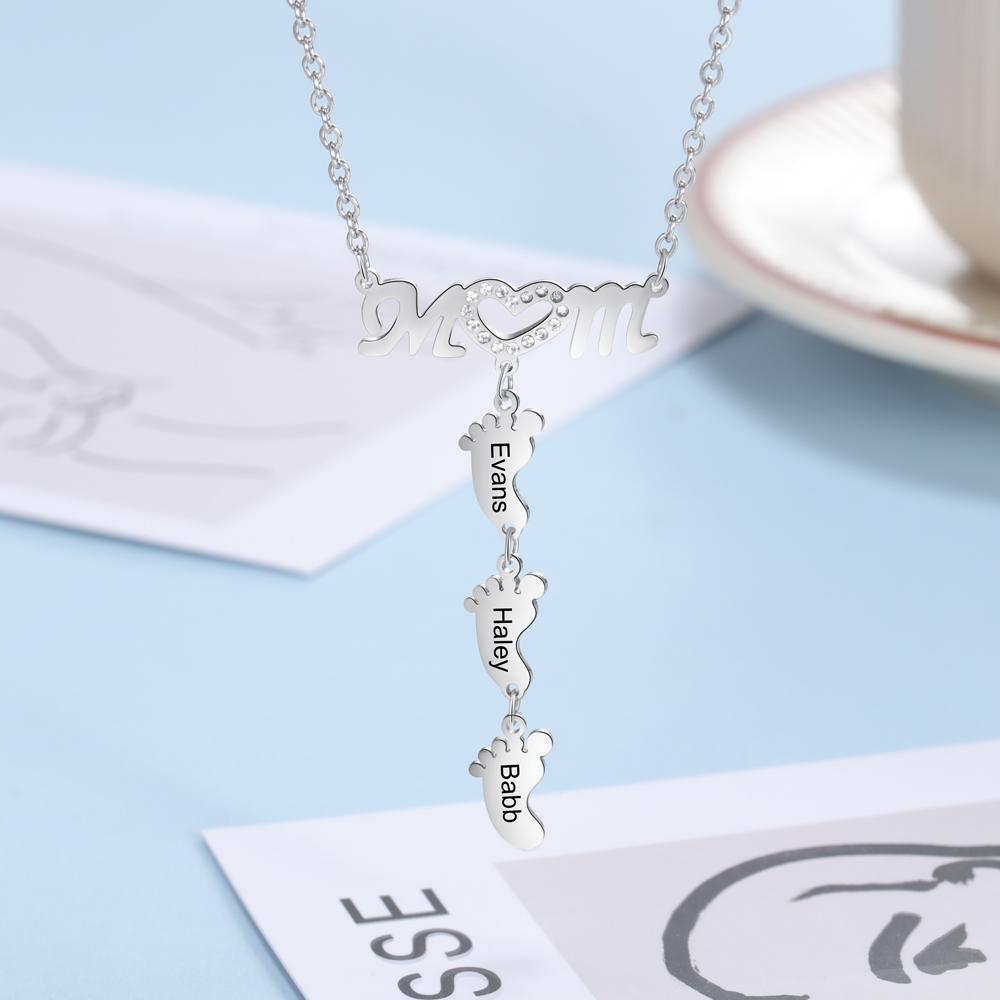 Mother Necklace with 4 Baby Feet Pendants Engraved 4 Names Rose Gift Set