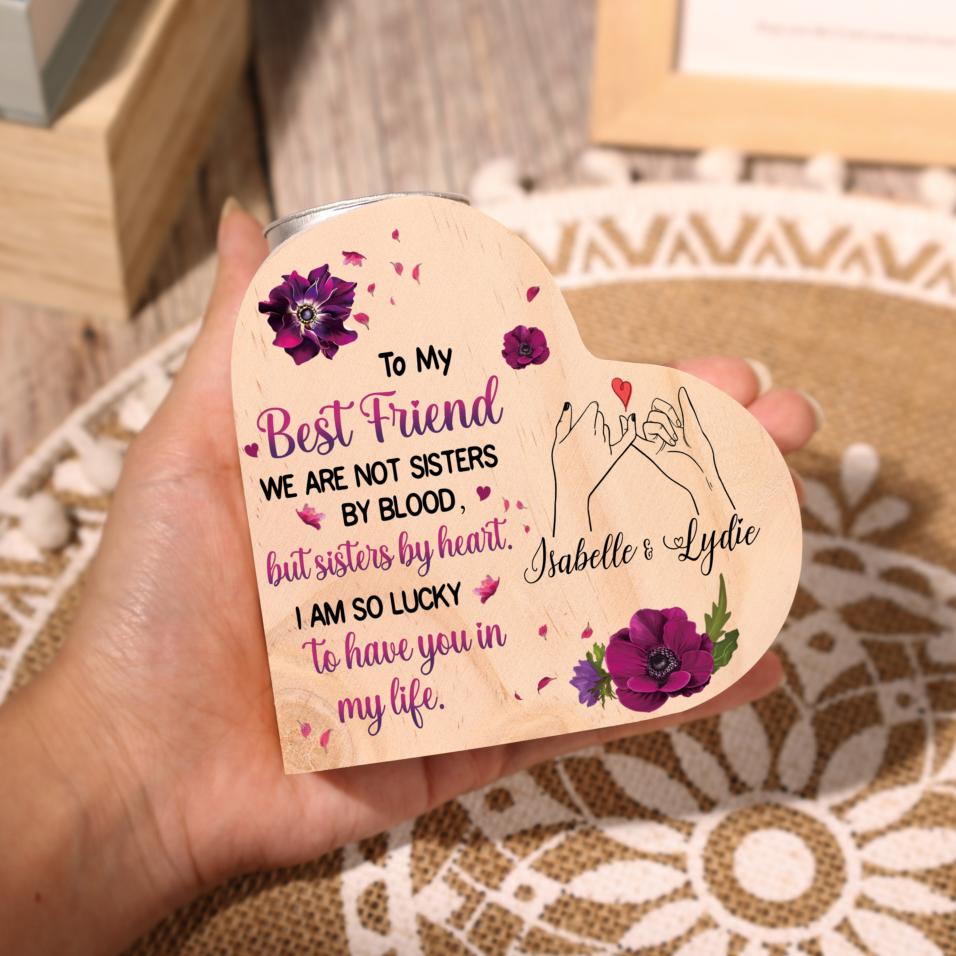 To My Best Friend Violet Flower Heart Candle Holder "I AM SO LUCKY TO HAVE YOU IN MY LIFE" Wooden Candlestick-Jessemade AU