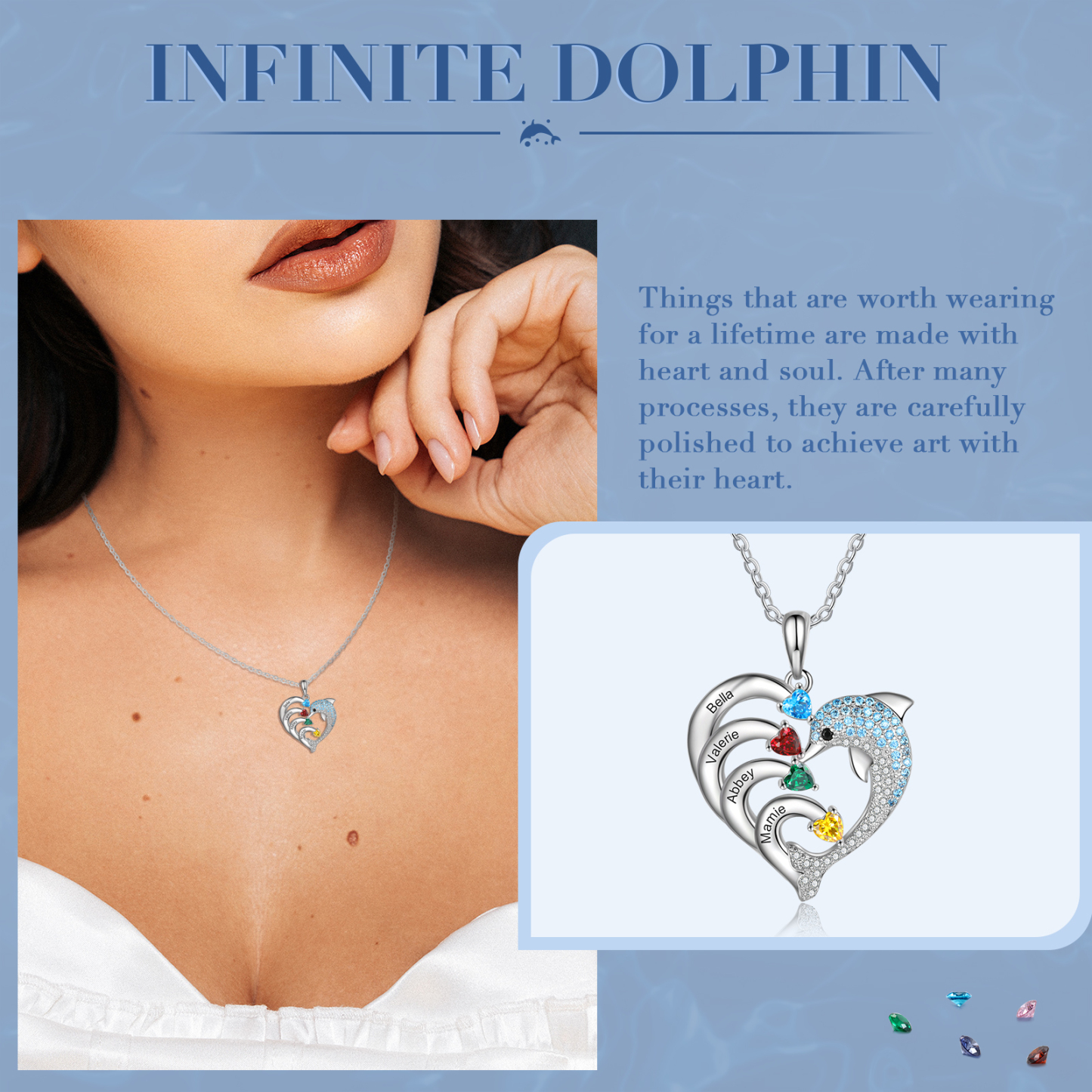 Personalised Heart Dolphin Necklace With 4 Birthstones Engraved Names Gift For Her-Jessemade AU