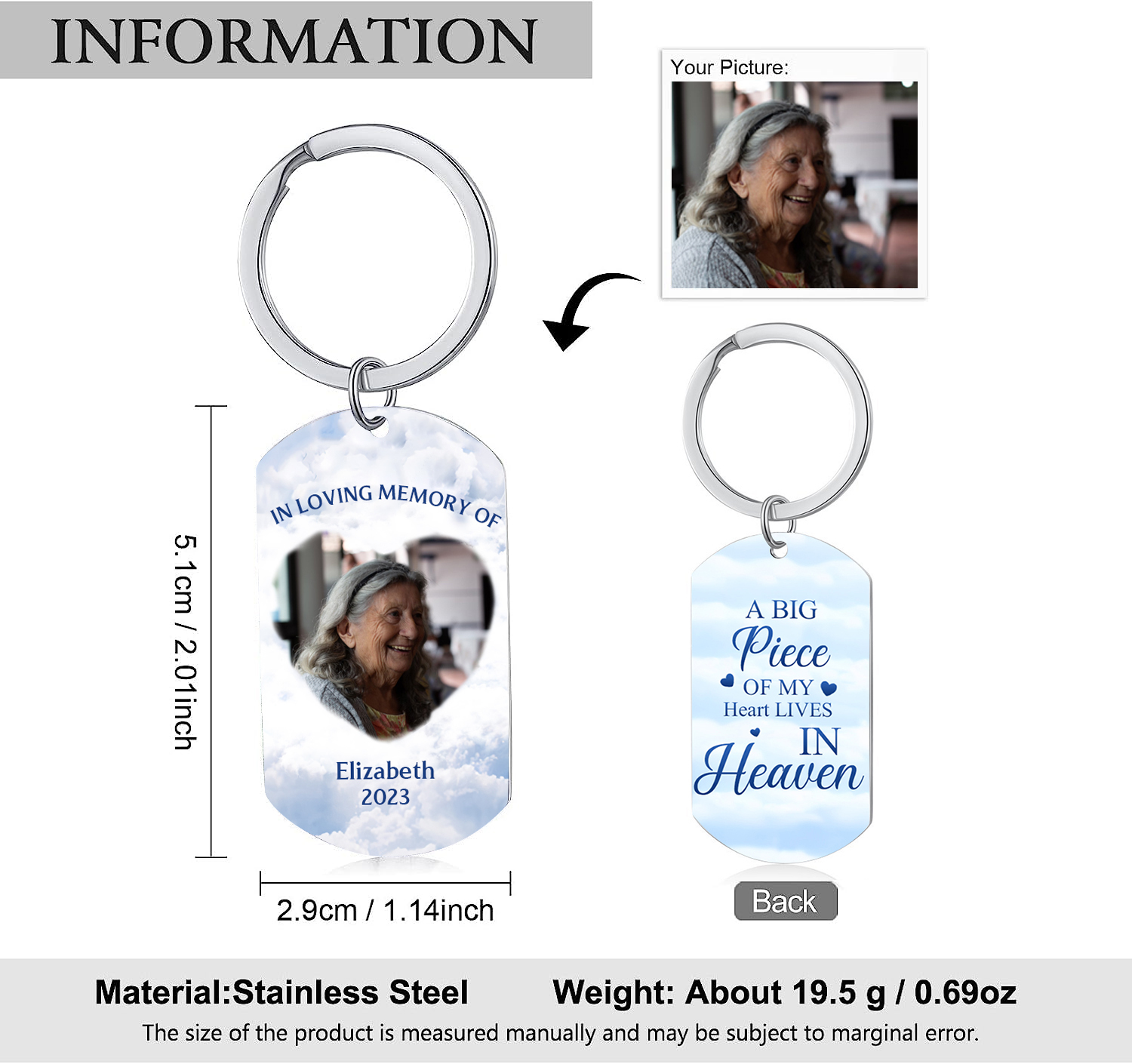 Memorial Photo Keychain Custom Name & Date Keyring Personalised Keychains - A Big Piece of My Heart Lives in Heaven-Jessemade AU