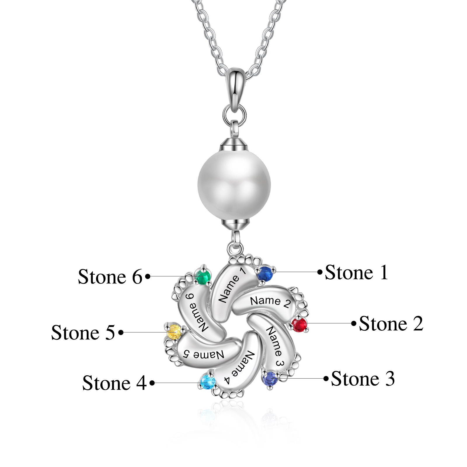 Personalised Baby Feet Pearl Necklace Custom 6 Names & Birthstones Mother Necklace-Jessemade AU