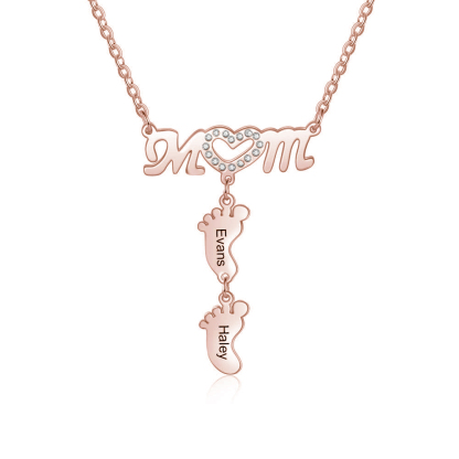 Mother Necklace with 2 Baby Feet Pendants Engraved 2 Names Mom Necklace Rose Gift Set