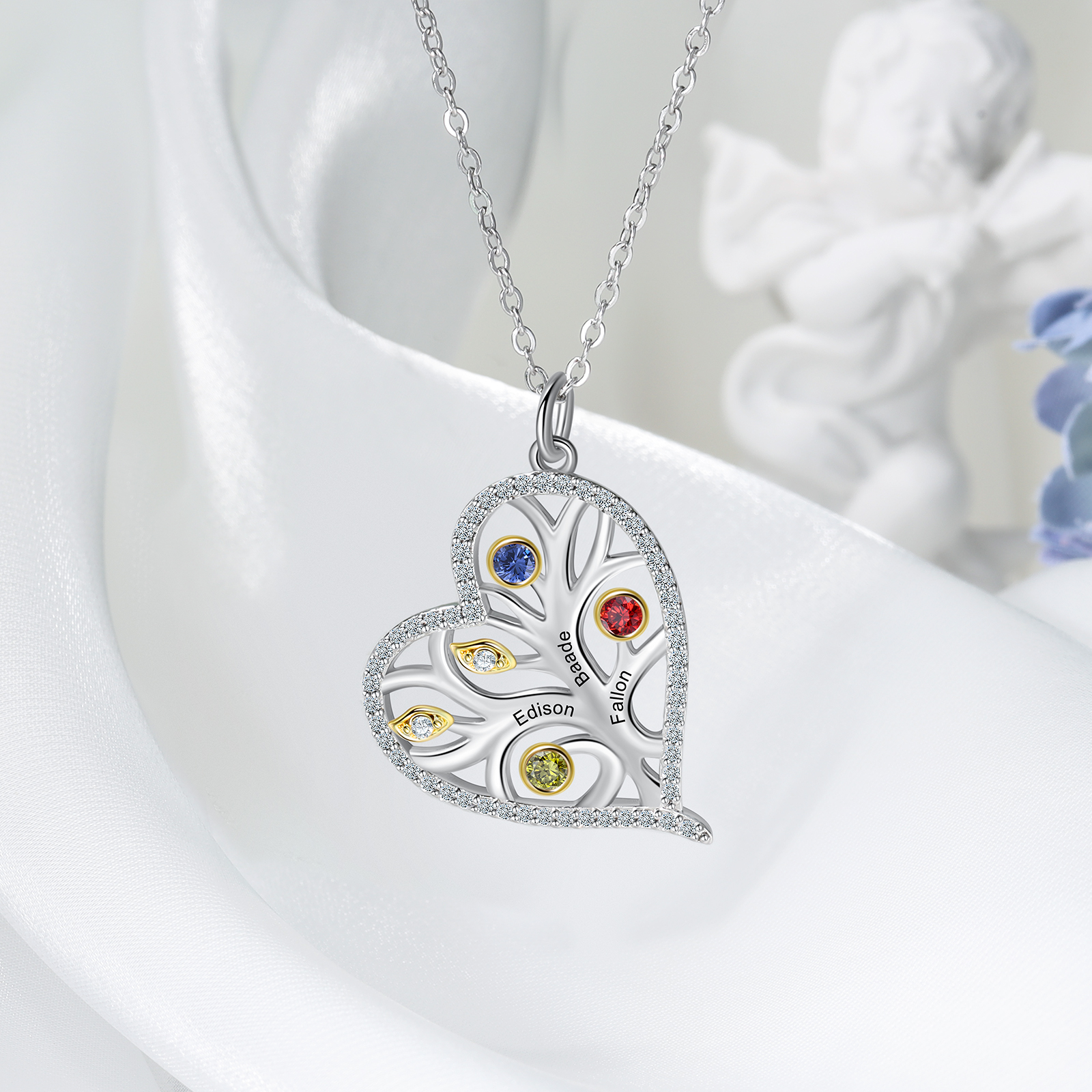 Personalised Family Tree Necklace With 3 Birthstones Custom Names Best Gift For Mother-Jessemade AU