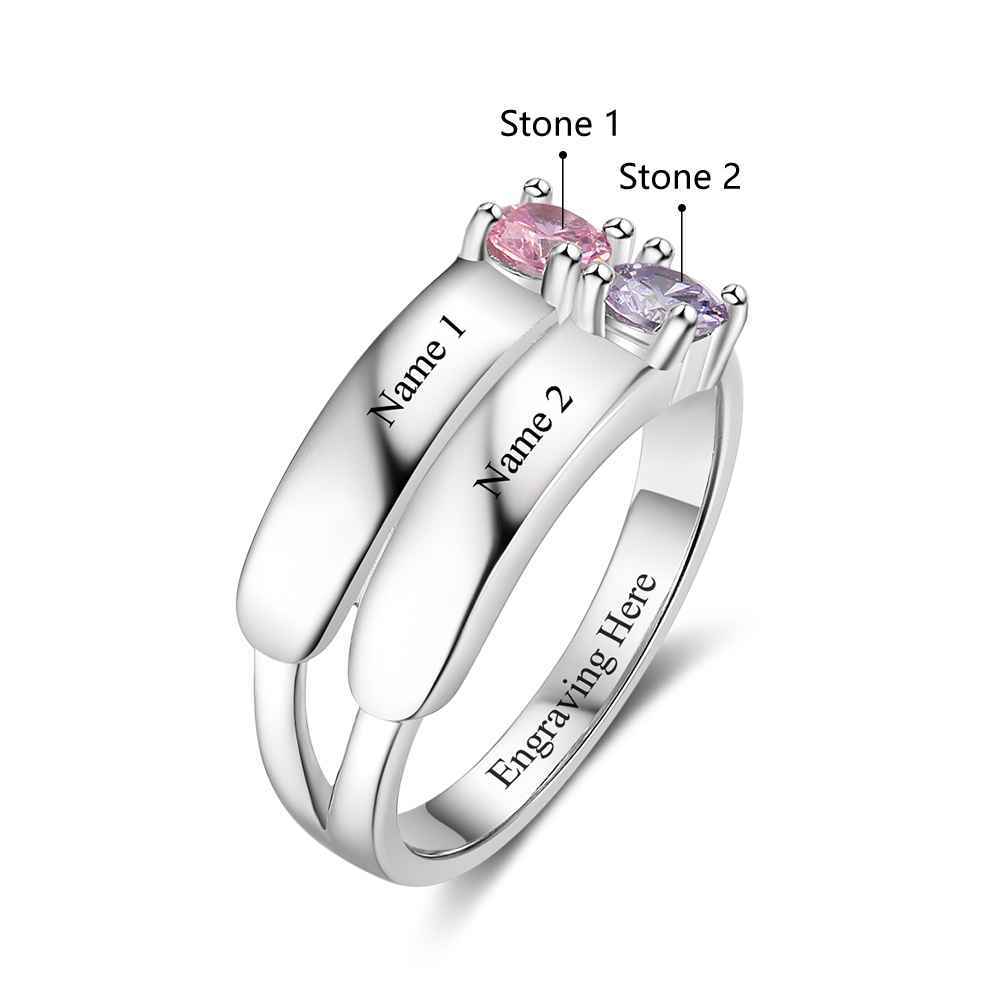 S925 Silver Ring Personalised 2 Birthstones Promise Ring With Names Gifts For Her-Jessemade AU