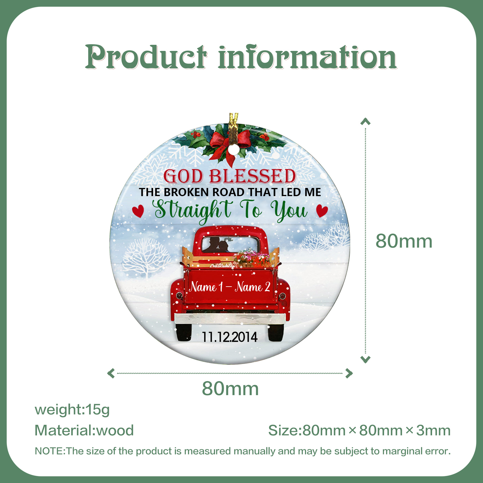 2 Names - Personalised Wooden Christmas Ornaments Customised Name & Date Couple Red Truck Christmas Circle Ornament-Jessemade AU