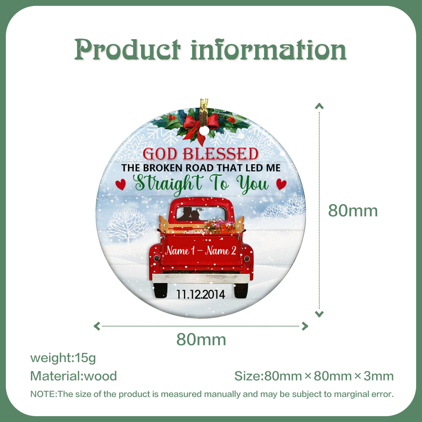 2 Names - Personalised Wooden Christmas Ornaments Customised Name & Date Couple Red Truck Christmas Circle Ornament-Jessemade AU