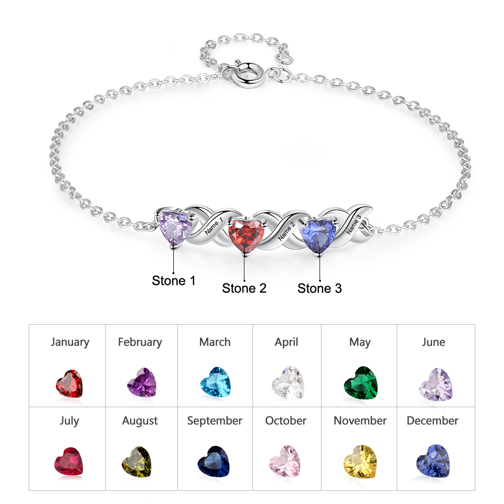 Family Custom Bracelet Heart Personalised with 3 Birthstones Gift Box Set-Jessemade AU