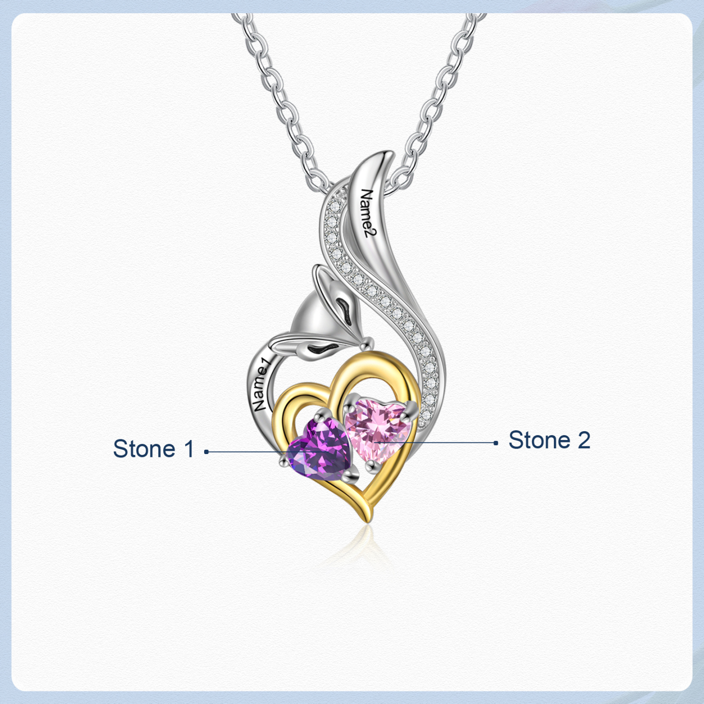 Personalised Heart Fox Necklace with Birthstone Engraved Name Gifts for Her-Jessemade AU