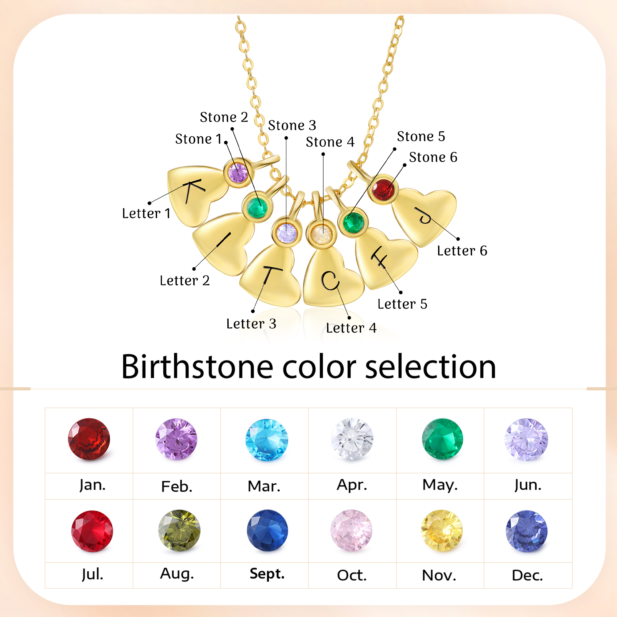 Personalised Heart Pendant Necklace Custom 6 Letters & 6 Birthstones Necklace Gifts for Her-Jessemade AU