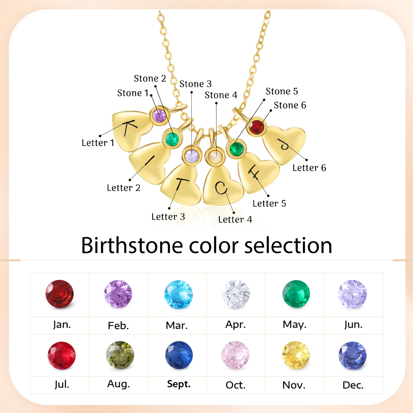 Personalised Heart Pendant Necklace Custom 6 Letters & 6 Birthstones Necklace Gifts for Her-Jessemade AU