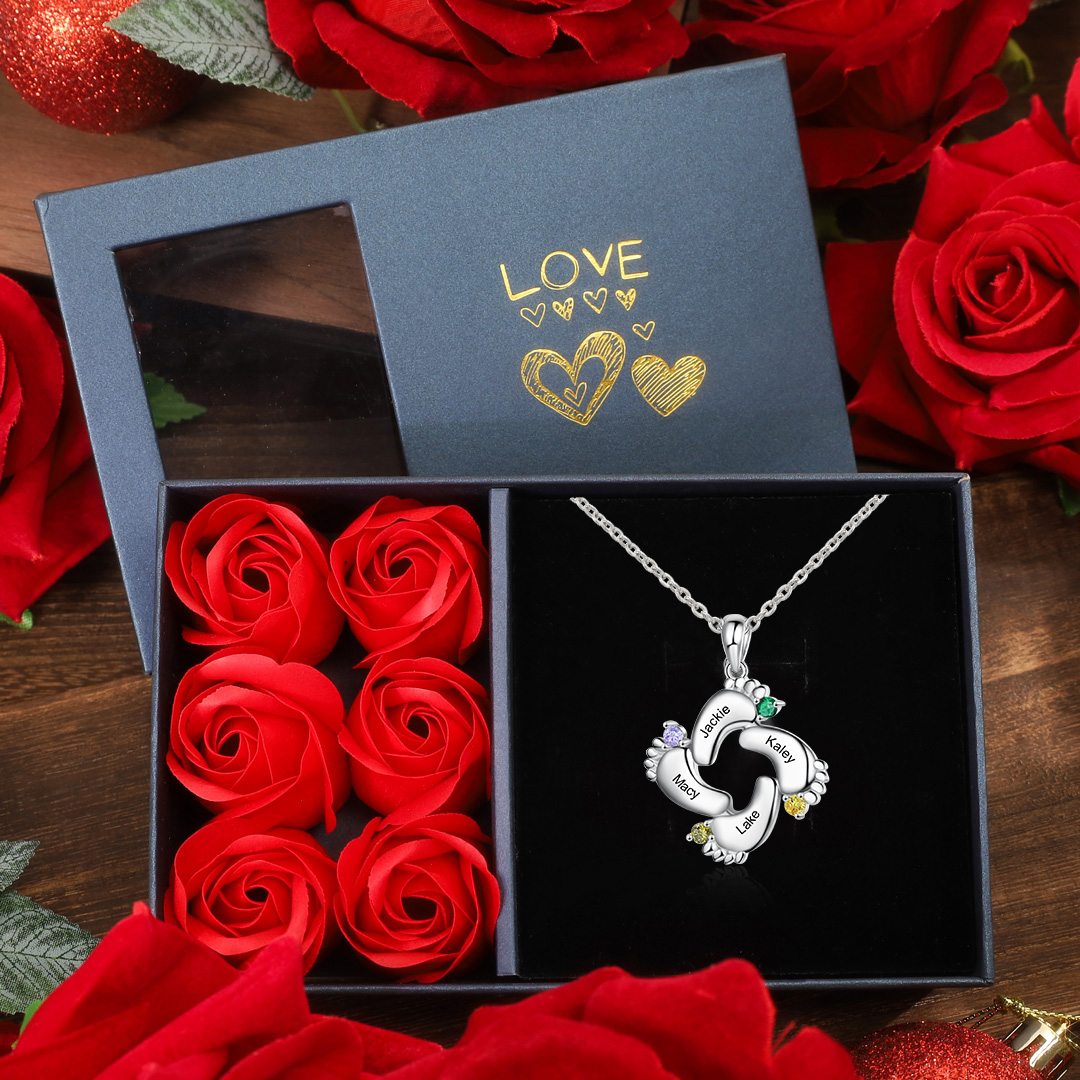 Baby Feet Necklace Custom 4 Birthstones Family Gifts Set for Mum