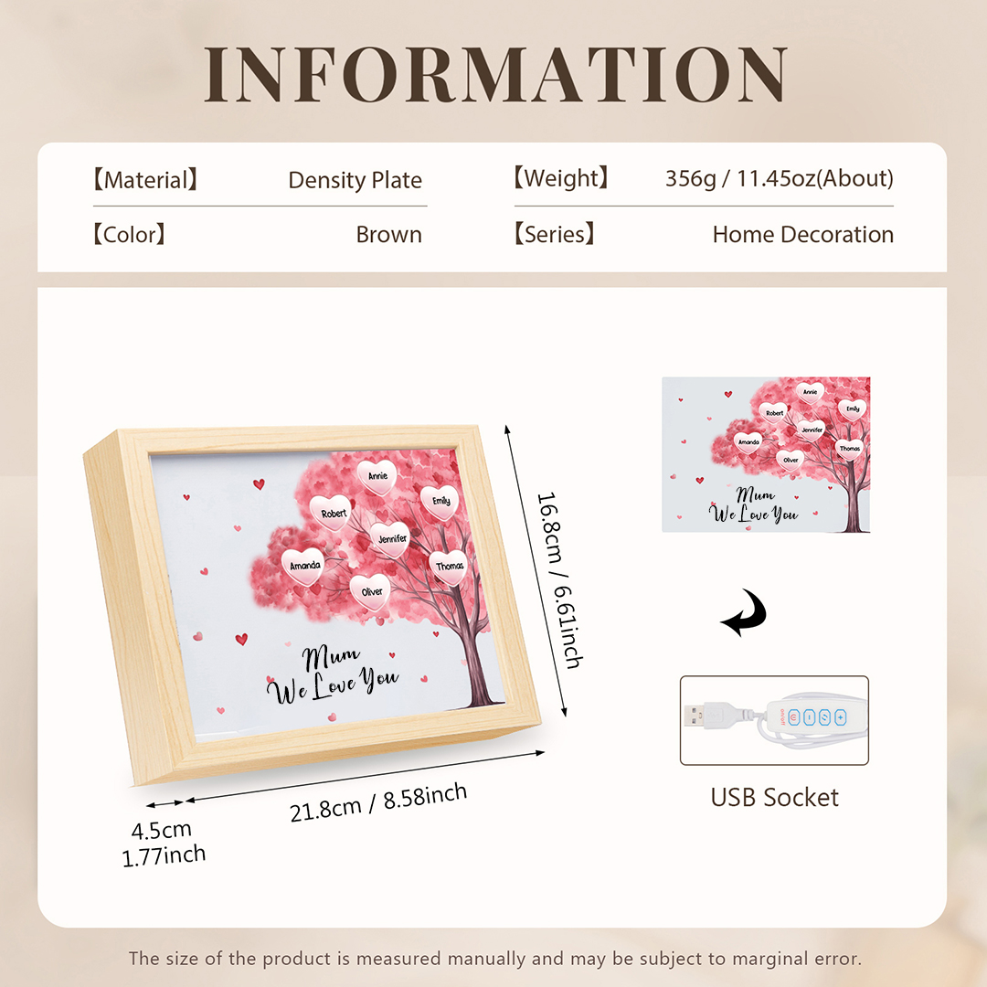 Personalised Frame Night Light Custom 1 Text & 7 Names Pink Family Tree Ornament Gifts for Mother/Grandma-Jessemade AU