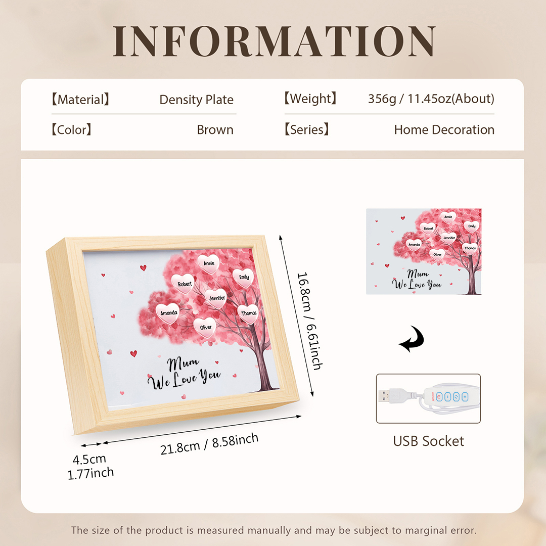 Personalised Frame Night Light Custom 1 Text & 7 Names Pink Family Tree Ornament Gifts for Mother/Grandma-Jessemade AU