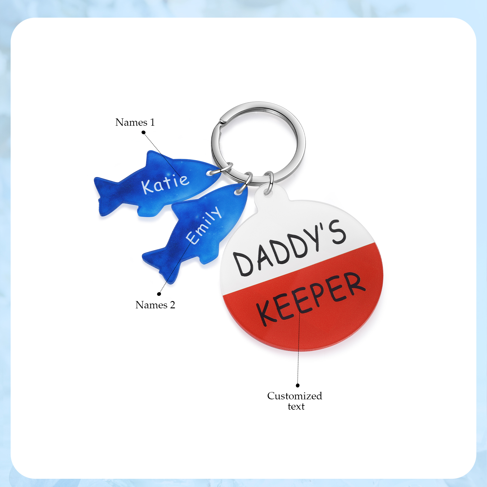 Personalised 2 Names & 1 Text Fishes Keychain Engraved Kids Names Acrylic Keychain Gifts for Grandpa/Daddy-Jessemade AU