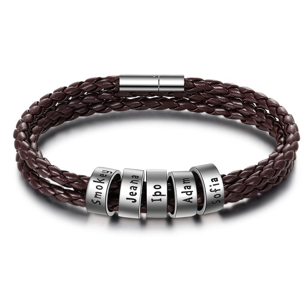 Leather Braided Bracelet Men Bracelets Personalised 5 Names 5 Beads Gifts For Dad