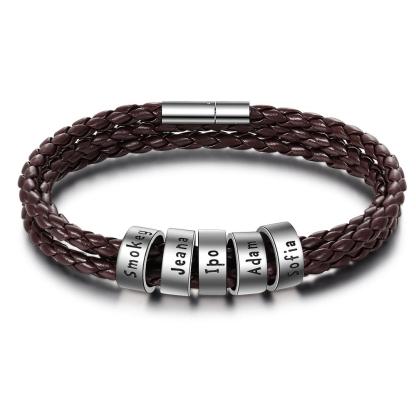 Leather Braided Bracelet Men Bracelets Personalised 5 Names 5 Beads Gifts For Dad-Jessemade AU