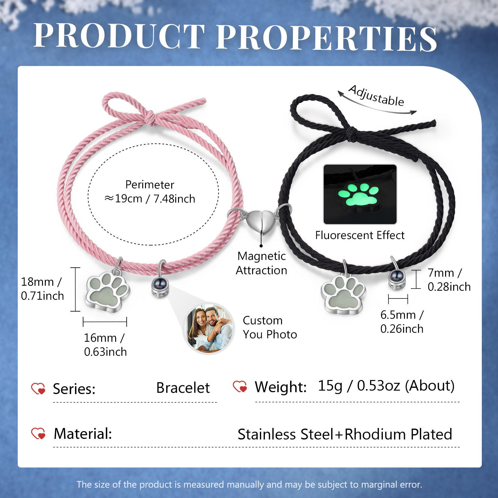 Personalised Photo Projection Bracelet Set Dog Paw Fluorescent Magnetic Bracelet Matching Gifts For Couples/Friends-Jessemade AU