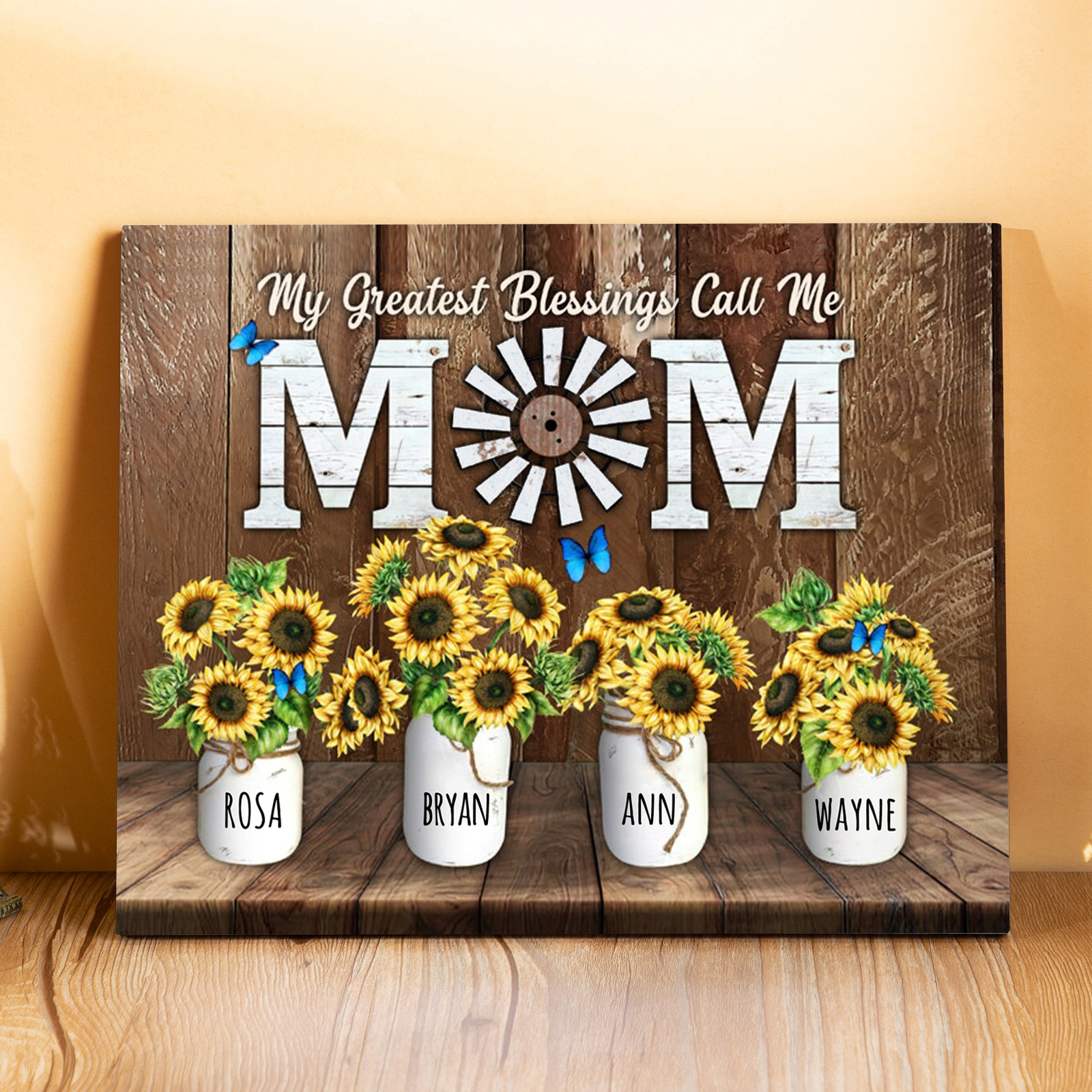 Mom Sunflowers Picture Board Personalised 4 Kids Names Family Keepsake Wood Signs Photo Frame-Jessemade AU