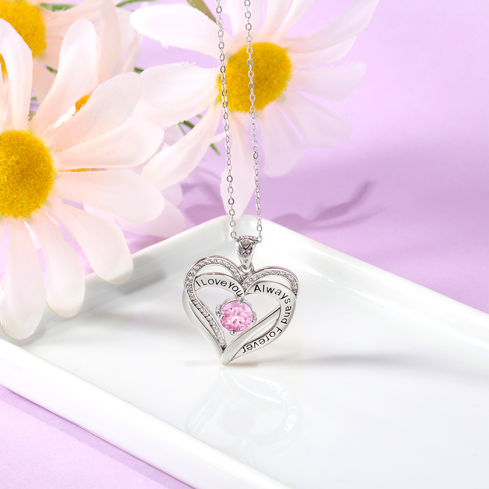 Personalised Heart Necklace with 1 Birthstone Engraved Names Gift For Women-Jessemade AU