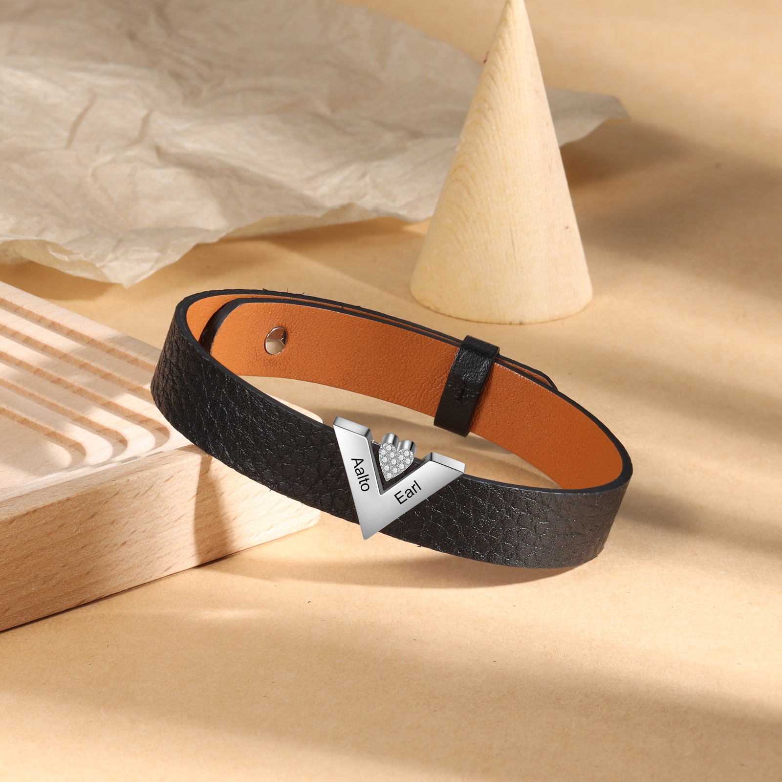 Personalised Leather Bracelet with Beads Engraved 2 Names Bangle for Him-Jessemade AU