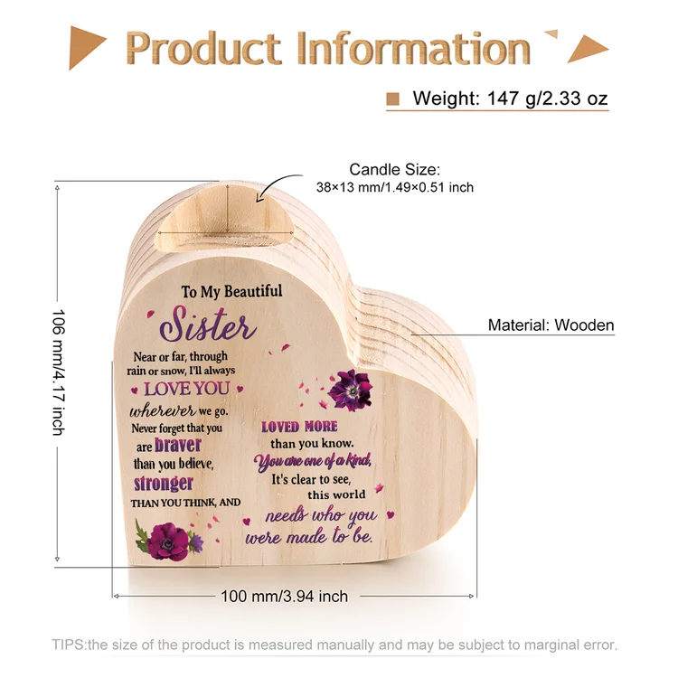 To My Beautiful Sister Violet Flower Heart Candle Holder "I'll always love you wherever we go" Wooden Candlestick-Jessemade AU