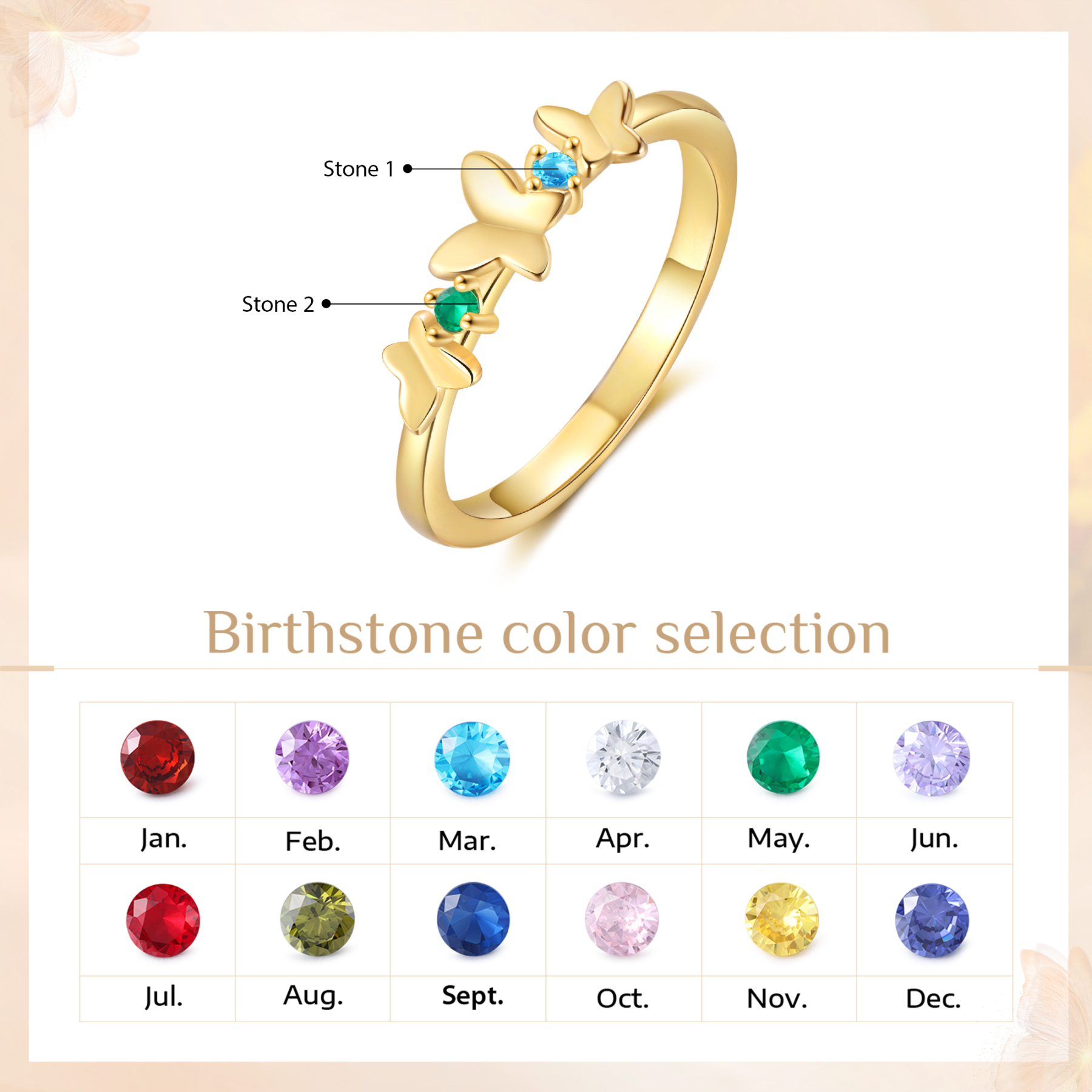 Personalised Butterfly Ring Custom 2 Birthstones Ring Birthday Gift for Her-Jessemade AU
