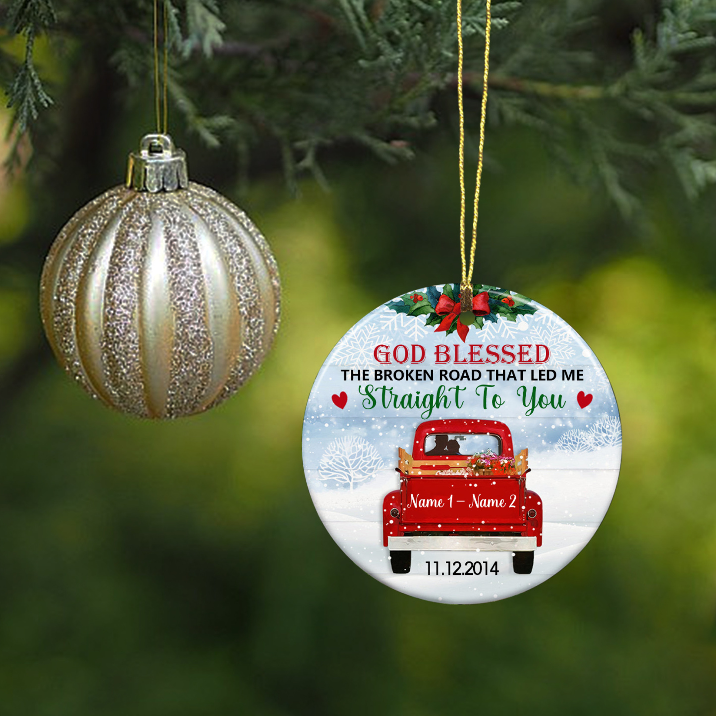 2 Names - Personalised Wooden Christmas Ornaments Customised Name & Date Couple Red Truck Christmas Circle Ornament-Jessemade AU