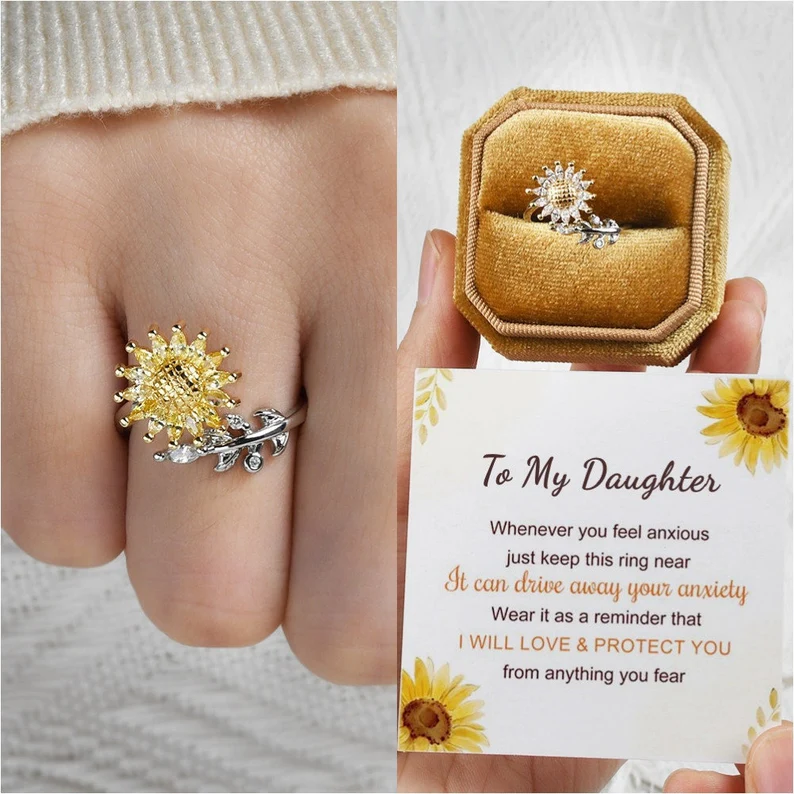 For Daughter-S925 Sunflower Fidget Ring Anxiety Spinning Ring" It Can Drive Away Your Anxiety"-Jessemade AU