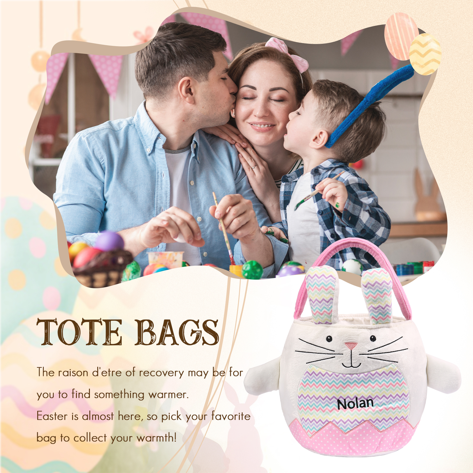 Personalised Bunny Tote Bag Customised with Name Bunny Bucket Bag Easter Gifts-Jessemade AU