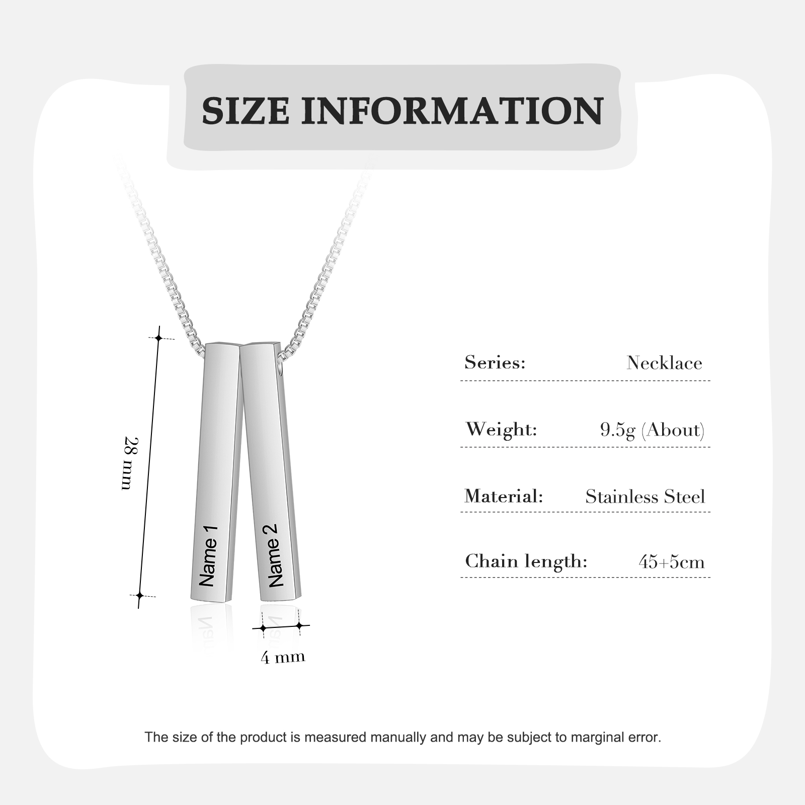 Vertical Bar Necklace Personalised 2 Names 3D Bar Necklace-Jessemade AU