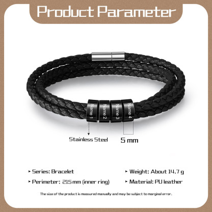 Personalised Men's Leather Bracelet Custom 4 Names Braided Bracelet with Beads Multi-Layered Bracelet Gift for Dad