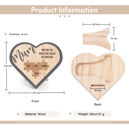 To Mum Personalised Wooden Puzzle Heart Keepsake Desktop Ornament Custom 4 Names Mothers Gifts-Jessemade AU
