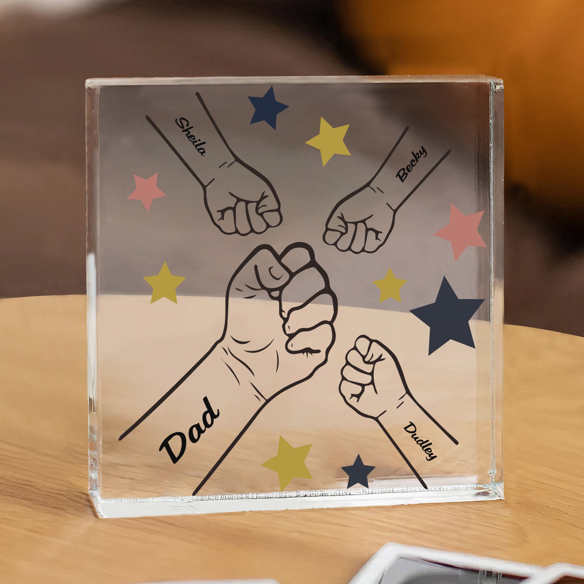 Personalised 4 Names Acrylic Square Keepsake Fist Bump Rectangle Plaque Father's Day Gifts -Jessemade AU