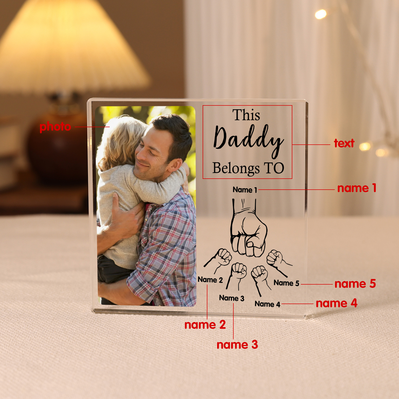 Personalised 5 Names & 1 Text & 1 Photo Acrylic Square Keepsake Fist Bump Rectangle Plaque Father's Day Gifts-Jessemade AU