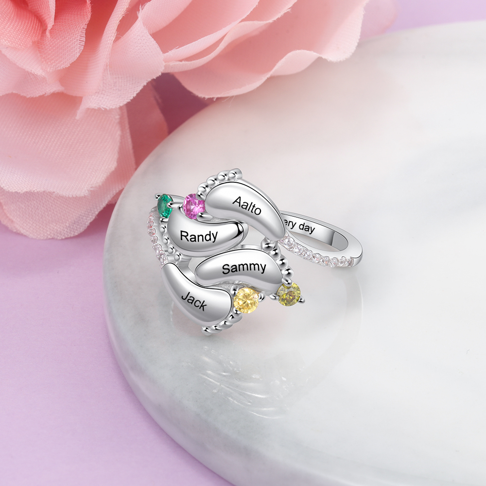 Personalised Baby Foot Ring With 4 Birthstones Engraved Names Ring Gift For Women-Jessemade AU